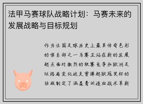 法甲马赛球队战略计划：马赛未来的发展战略与目标规划