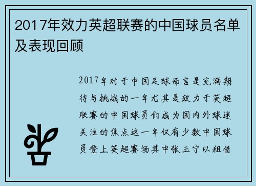2017年效力英超联赛的中国球员名单及表现回顾