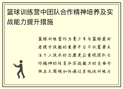 篮球训练营中团队合作精神培养及实战能力提升措施